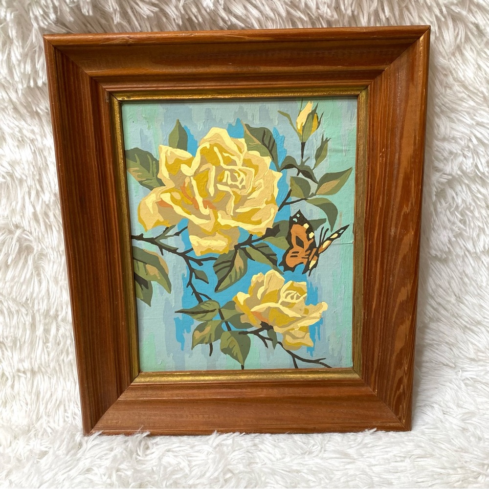 Vintage 60’s Hand Painted Rose And Butterfly Framed Artwork